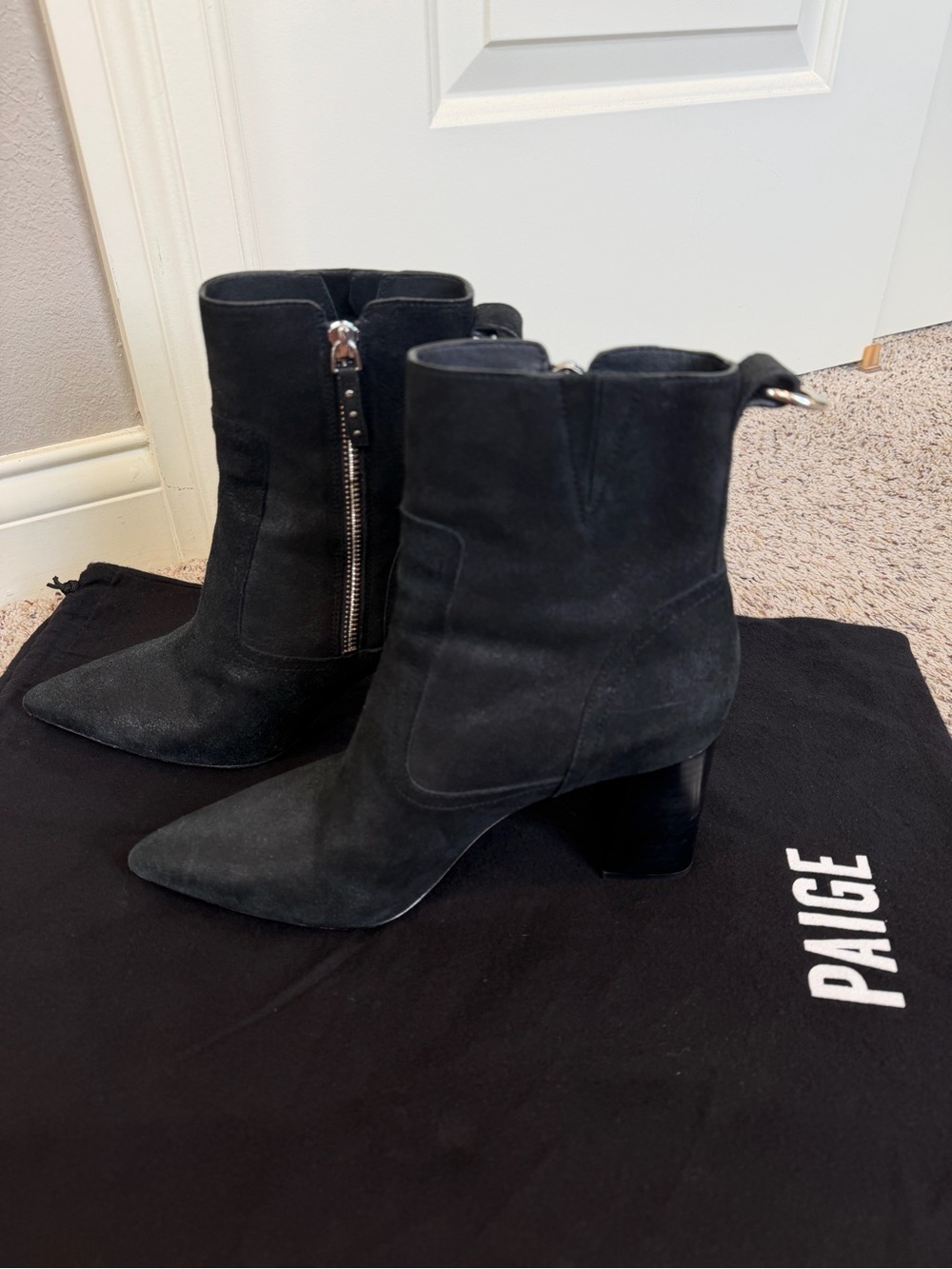 PAIGE Black Suede Pointed Ankle Booties with Block Heel